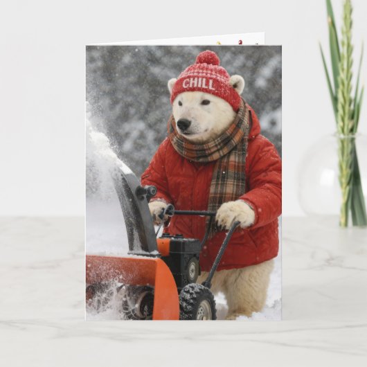 Kerstpoolbeer die een sneeuwblazer duwt kaart (Voorkant)