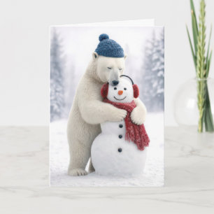 Kerstpoolbeer die een sneeuwman omhelst kaart