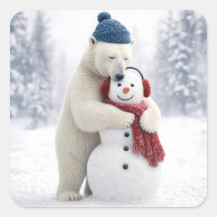 Kerstpoolbeer die een sneeuwman omhelst vierkante sticker