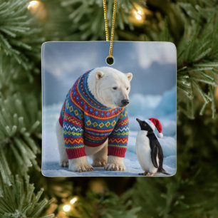 Kerstpoolbeer en pinguïn op een gletsjer keramisch ornament