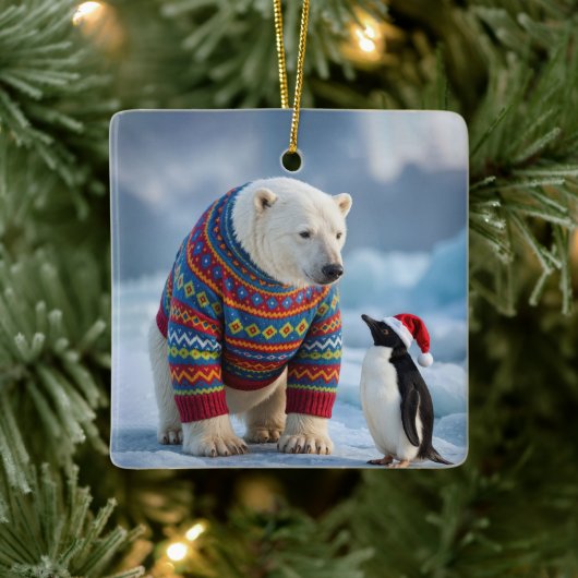 Kerstpoolbeer en pinguïn op een gletsjer keramisch ornament (Boom)