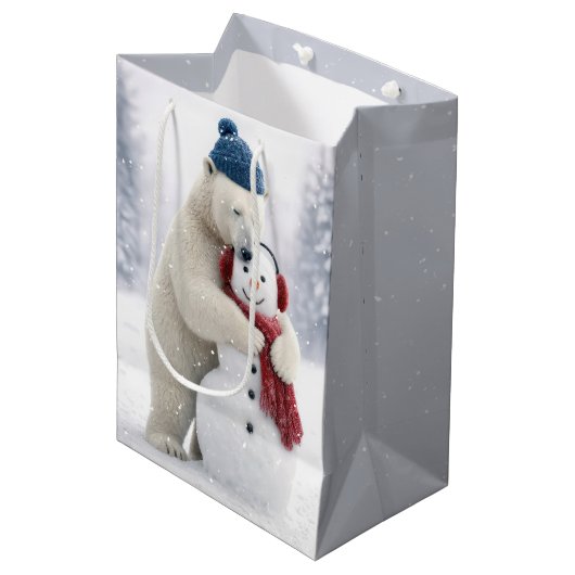 Kerstpoolbeer knuffelt een sneeuwman medium cadeauzakje (Voorkant Gekanteld)