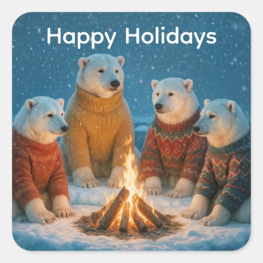 Kerstpoolberen rond een vreugdevuur vierkante sticker (Voorkant)