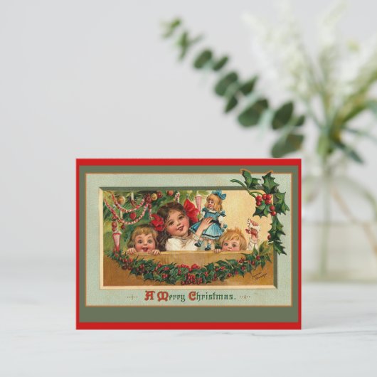 Kerstpoppen en kleine meisjes op kaarten feestdagenkaart (Staand voorkant)