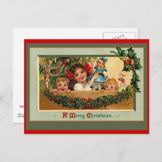 Kerstpoppen en kleine meisjes op kaarten feestdagenkaart (Voorkant / Achterkant)
