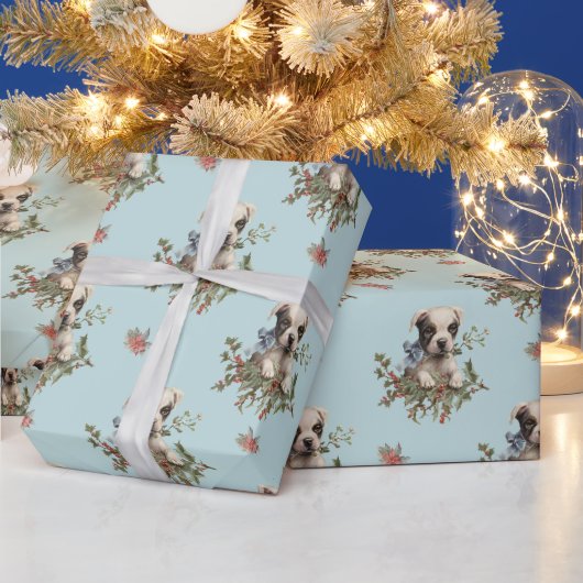  kerstpoppenhond blauw patroon cadeaupapier (Feestdagen)