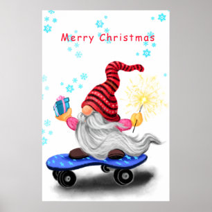 Kerstposter Cadea Skater Gnome met Cadeaus Poster