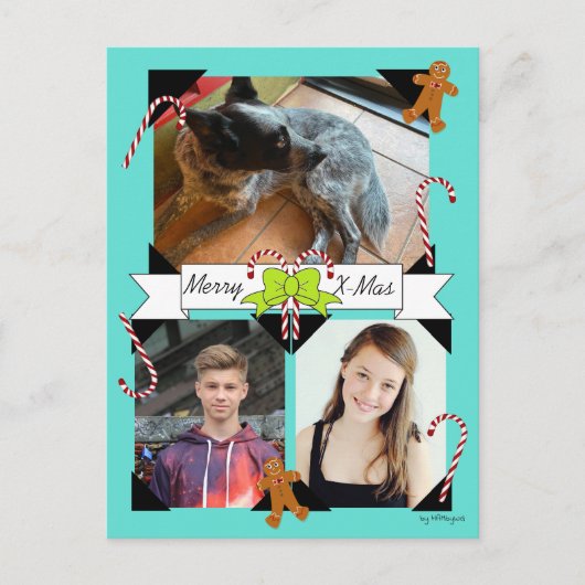 Kerstpostkaart met snoepstokken en peperkoekmannet feestdagenkaart (Voorkant)