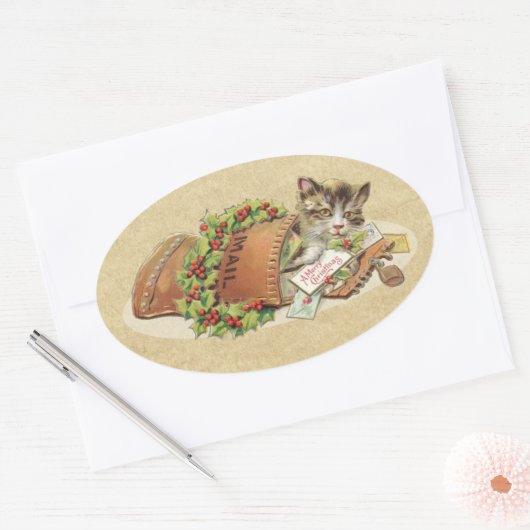  kerstpostkat ovale sticker (Envelop)