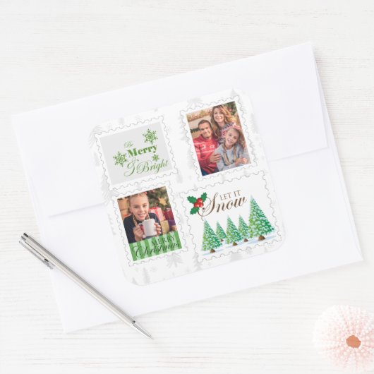 kerstpostzegels 2 foto vierkante sticker (Envelop)