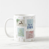 kerstpostzegels op beige pijnbomen koffiemok (Links)