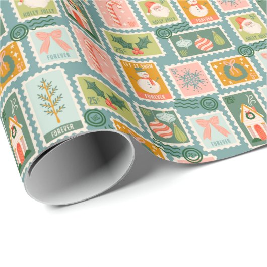 Kerstpostzegels op blauw cadeaupapier (Rol Hoek)