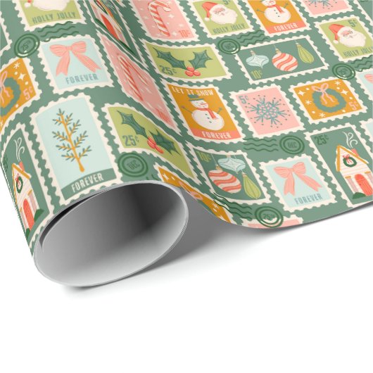 Kerstpostzegels op Sage Green Cadeaupapier (Rol Hoek)
