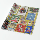 Kerstpostzegels over de hele wereld cadeaupapier (Uitgerold)