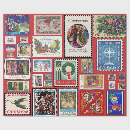 Kerstpostzegels over de hele wereld cadeaupapier (Vlak)