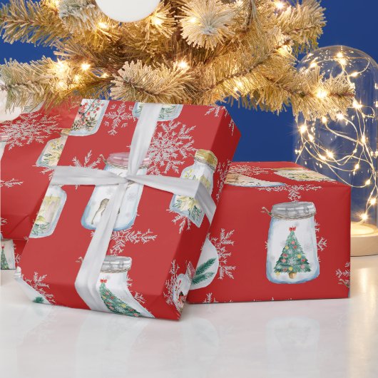 Kerstpotten en sneeuwvlokken Rood Cadeaupapier (Feestdagen)