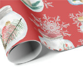 Kerstpotten en sneeuwvlokken Rood Cadeaupapier (Rol Hoek)