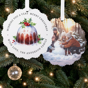 Kerstpudding hulst bessen waterverf foto ornament kaart