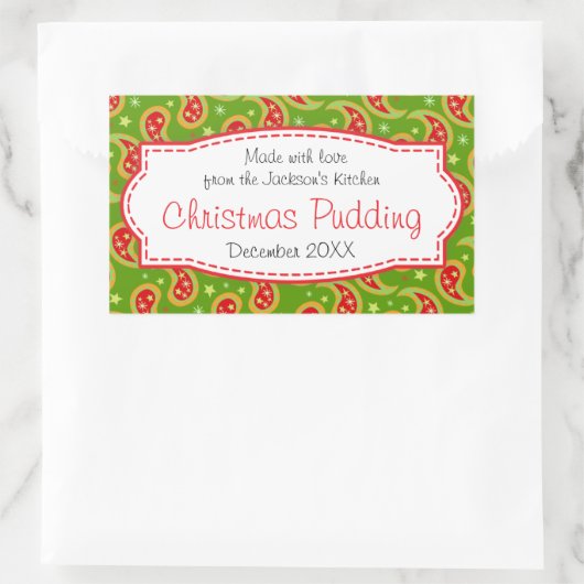Kerstpudding paisley groen voedsellabel sticker (Tas)