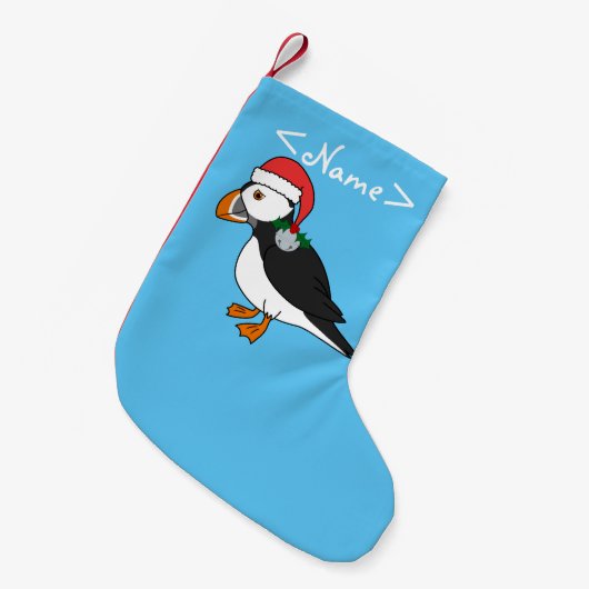 KerstPuffin met rood Pet en zilver Jingle Bell Kleine Kerstsok (Voorkant (Hangend))