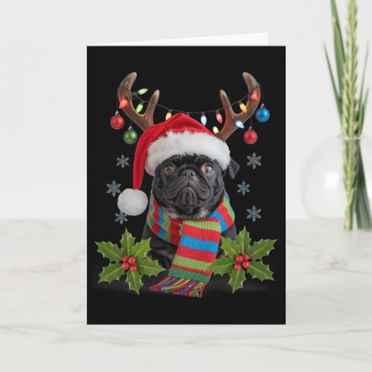 Kerstpug Met Gewei Kerstman Hoed Koele Sjaal De Kaart (Voorkant)