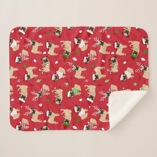 Kerstpugs Red Sherpa Deken (Voorkant (horizontaal))