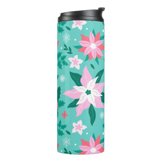 kerstpunsettia en holly-patroon thermosbeker (Gedraaid links)