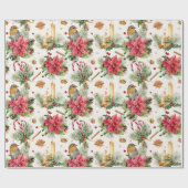 kerstpunsettia, robin, snoepsnoeren, kaarsen cadeaupapier (Vlak)