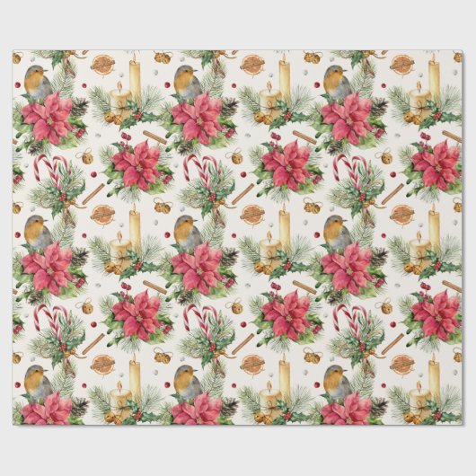 kerstpunsettia, robin, snoepsnoeren, kaarsen cadeaupapier (Vlak)
