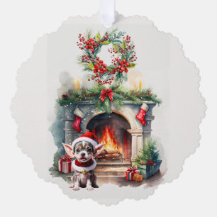 KERSTPUPPY BLIJFT WARM BIJ DE OPEN HAARD ORNAMENT KAART