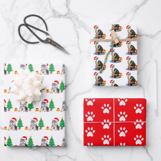 kerstpuppy dog, carolkat & poten op rood inpakpapier vel (Voorkant)