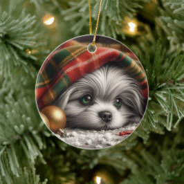 Kerstpuppy - droevige ogen keramisch ornament