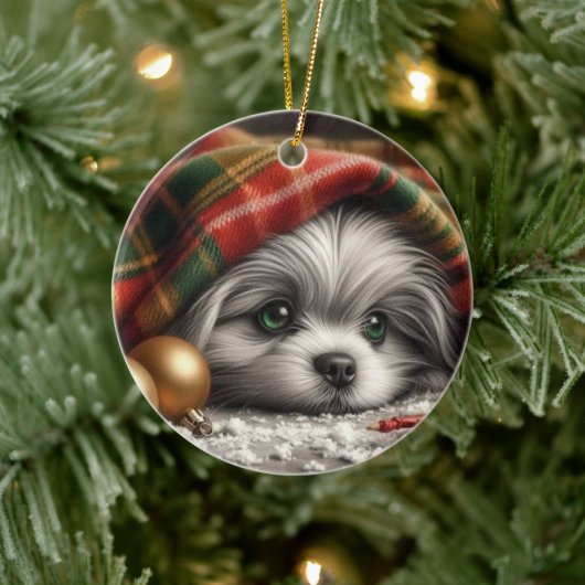 Kerstpuppy - droevige ogen keramisch ornament (Boom)