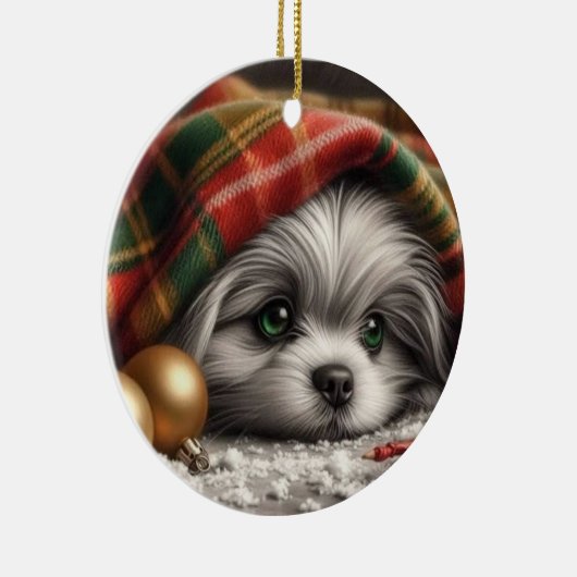 Kerstpuppy - droevige ogen keramisch ornament (Rechts)