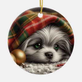 Kerstpuppy - droevige ogen keramisch ornament