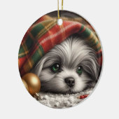 Kerstpuppy - droevige ogen keramisch ornament (Links)