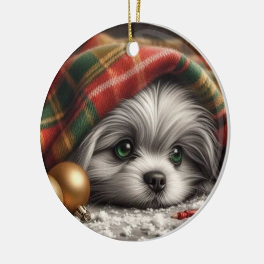 Kerstpuppy - droevige ogen keramisch ornament (Links)