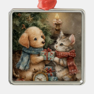 Kerstpuppy en Kitten Cadeau Metalen Ornament