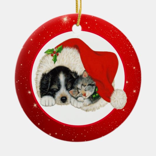 Kerstpuppy en Kitten Keramisch Ornament (Voorkant)