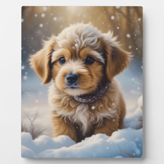 Kerstpuppy in de sneeuw op een winterdag fotoplaat (Voorkant)