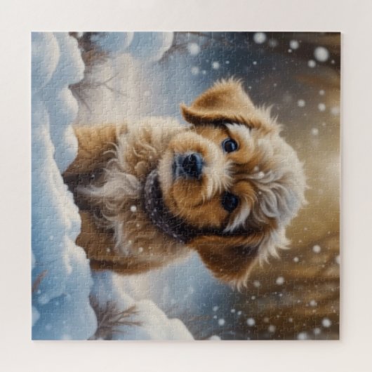 Kerstpuppy in de sneeuw op een winterdag legpuzzel (Horizontaal)