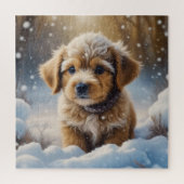 Kerstpuppy in de sneeuw op een winterdag legpuzzel (Verticaal)