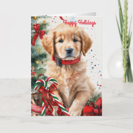 Kerstpuppy in een mand vakantiekaart "Gouden " Feestdagen Kaart