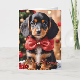Kerstpuppy in een mandje vakantiekaart Doxie Feestdagen Kaart