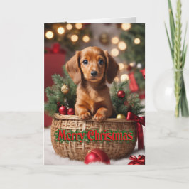 Kerstpuppy in een mandje vakantiekaart Doxie Feestdagen Kaart