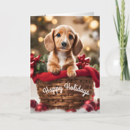 Kerstpuppy in een mandje vakantiekaart Doxie Feestdagen Kaart