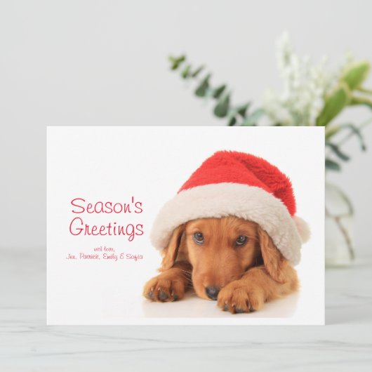 Kerstpuppy met een kersthat feestdagenkaart (Staand voorkant)