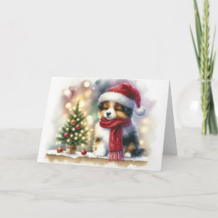 Kerstpuppy met kerstmannenhoed en rode sjaal deken kaart