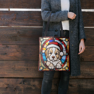 Kerstpuppy namaak glas-in-lood tote bag