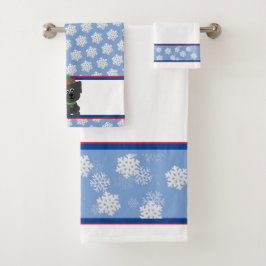 Kerstpuppy op blauw met witte sneeuwvlokken bad handdoek